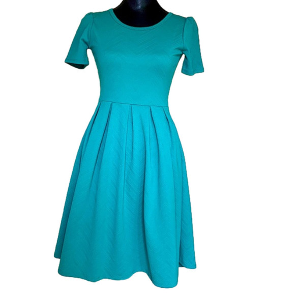 Lularoe Turquoise Green Chevron Zippered Fitted 2 Pocket Nicole Dress - Picture 1 of 8